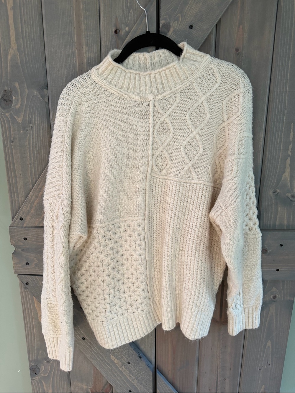 American Eagle Textured Patchwork Knit Sweater Cream Mock Neck Women’s L Cozy